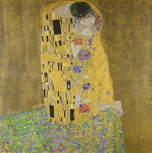 The Kiss (Der Kuß) (1907-1908). Oil and gold leaf on canvas, 180 × 180 cm (71 × 71 in). Österreichische Galerie Belvedere, Vienna