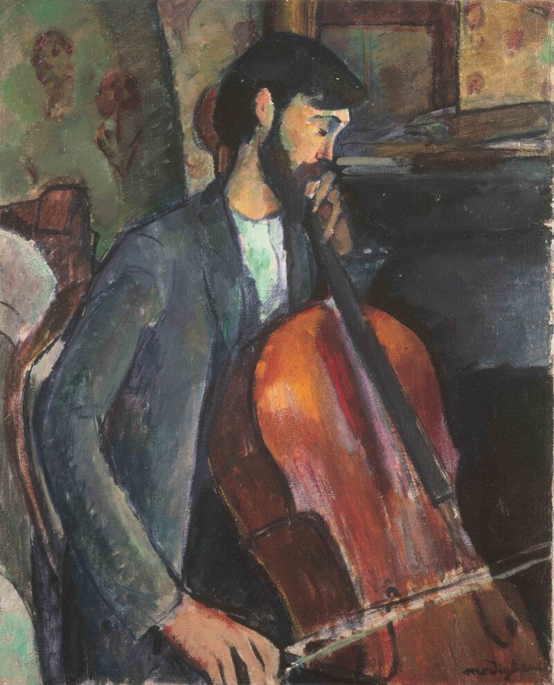 A painting by Modigliani titled 'The Cellist', depicting An earlier work, 'The Cellist' shows a different side of Modigliani. The style is less refined than …