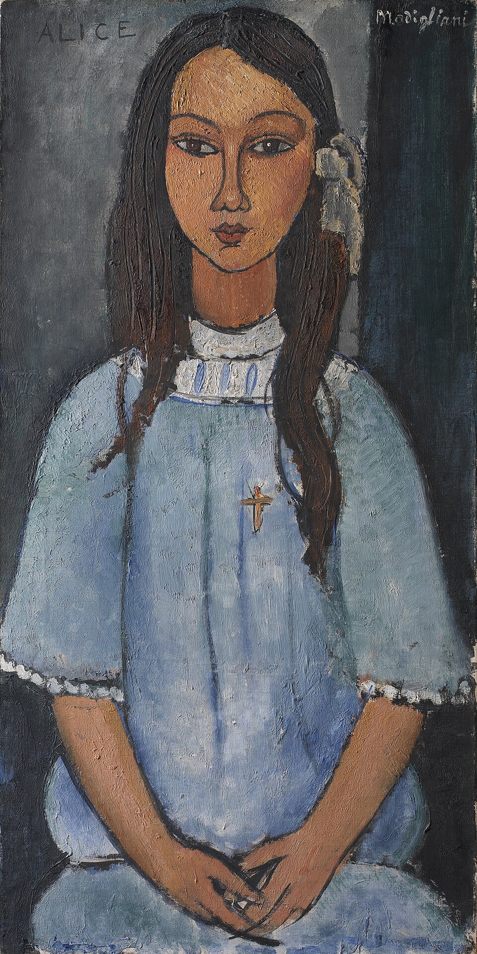 A painting by Modigliani titled 'Alice', depicting This charming portrait of a young girl named Alice is one of Modigliani's most endearing works. With…
