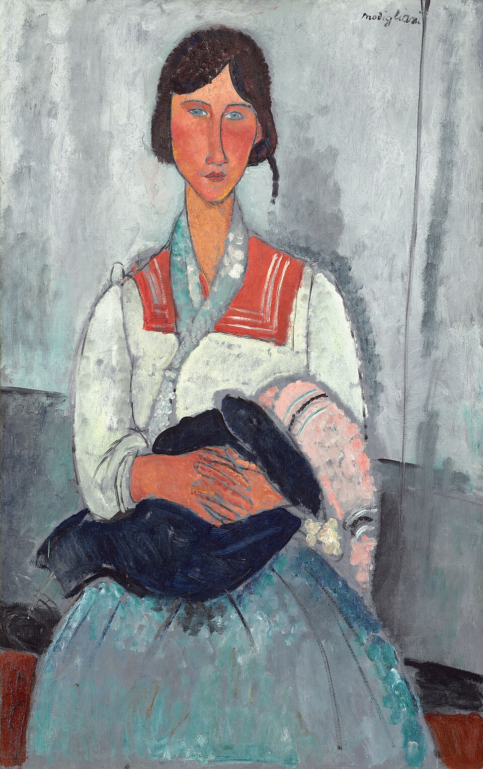 A painting by Modigliani titled 'Gypsy Woman with a Baby', depicting This painting shows a mother and child with a profound sense of dignity and strength. Unlike traditi…