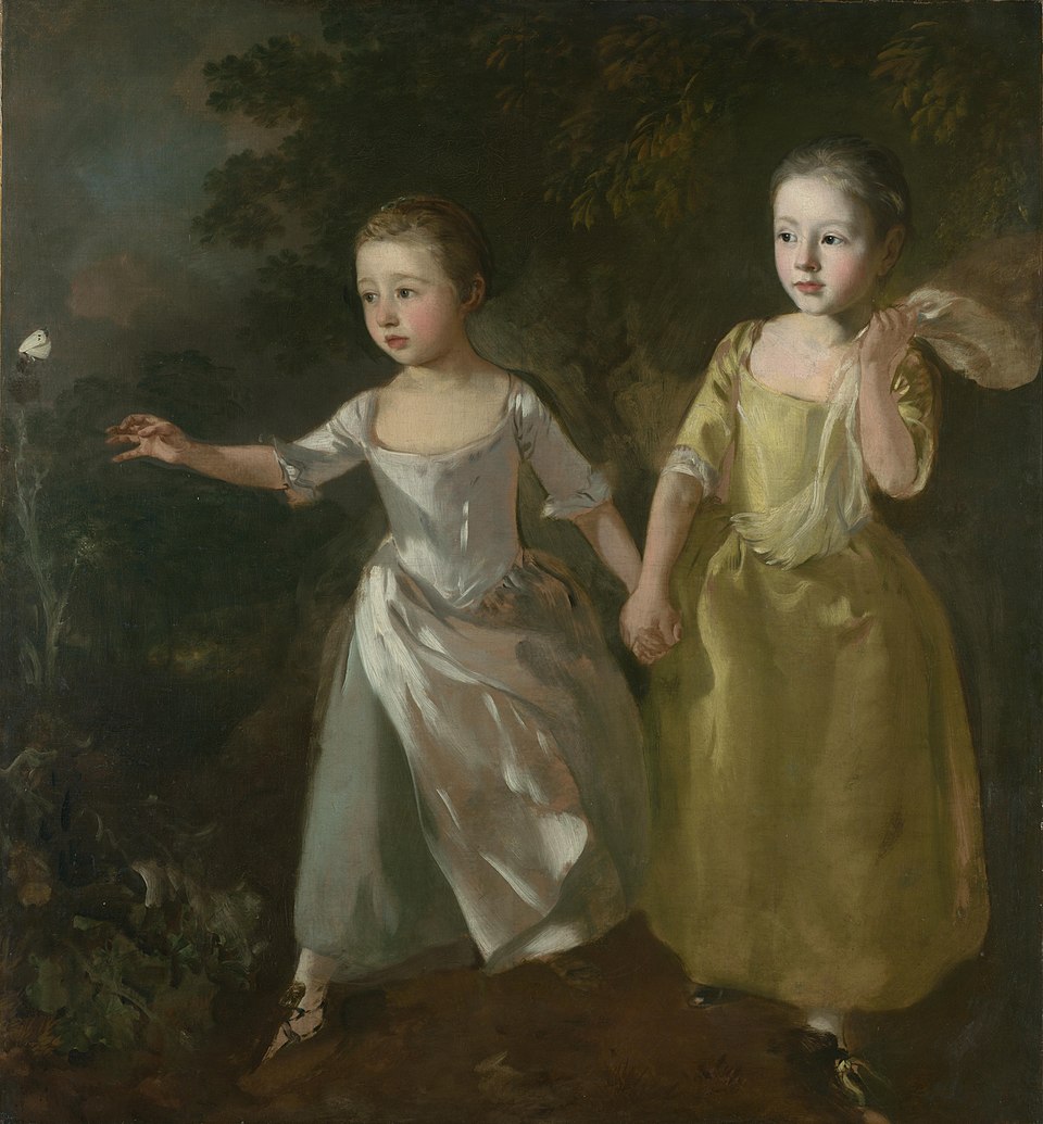 "The Painter's Daughters Chasing a Butterfly" by Thomas Gainsborough, painted in c. 1756. Description: This is a heartwarming and personal work showing Gainsborough's two daughters, Mary and Margaret. The older sister gently holds the younger one back from catching a butterfly. It's a beautiful snapshot of childhood innocence and the fleeting nature of life.. Interesting fact: The butterfly in the painting is often interpreted as a symbol for the fragility and short span of life, adding a deeper, more thoughtful layer to the charming scene.