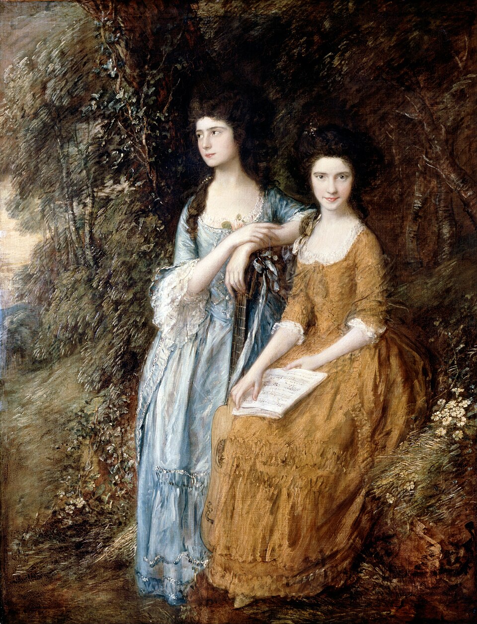 "The Linley Sisters" by Thomas Gainsborough, painted in 1772. Description: This painting features Elizabeth and Mary Linley, two sisters who were famous musicians and singers in their time. They are shown sitting close together in a lush, romantic landscape. Gainsborough captures their beauty as well as their close sisterly bond.. Interesting fact: Both sisters had remarkable but tragic lives; Elizabeth married the playwright Richard Brinsley Sheridan, while Mary, a talented singer, died at the young age of 25.