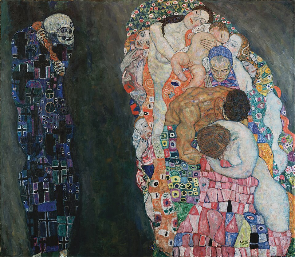 Golden Masterpieces: Discover the Top 10 Gustav Klimt Paintings 9 "Death and Life" by Gustav Klimt, painted in 1915. Description: On one side of the canvas, we see a tangle of human figures—men, women, and children of all ages—huddled together in a vibrant, colorful embrace representing Life. On the other side, the lonely, menacing figure of Death, draped in a dark robe covered in crosses, looks on. It's a profound statement on mortality, suggesting that while death is always near, life is a powerful, connected, and beautiful force.. Interesting fact: Klimt considered this to be his most important figurative work and even modified it after it was first exhibited.