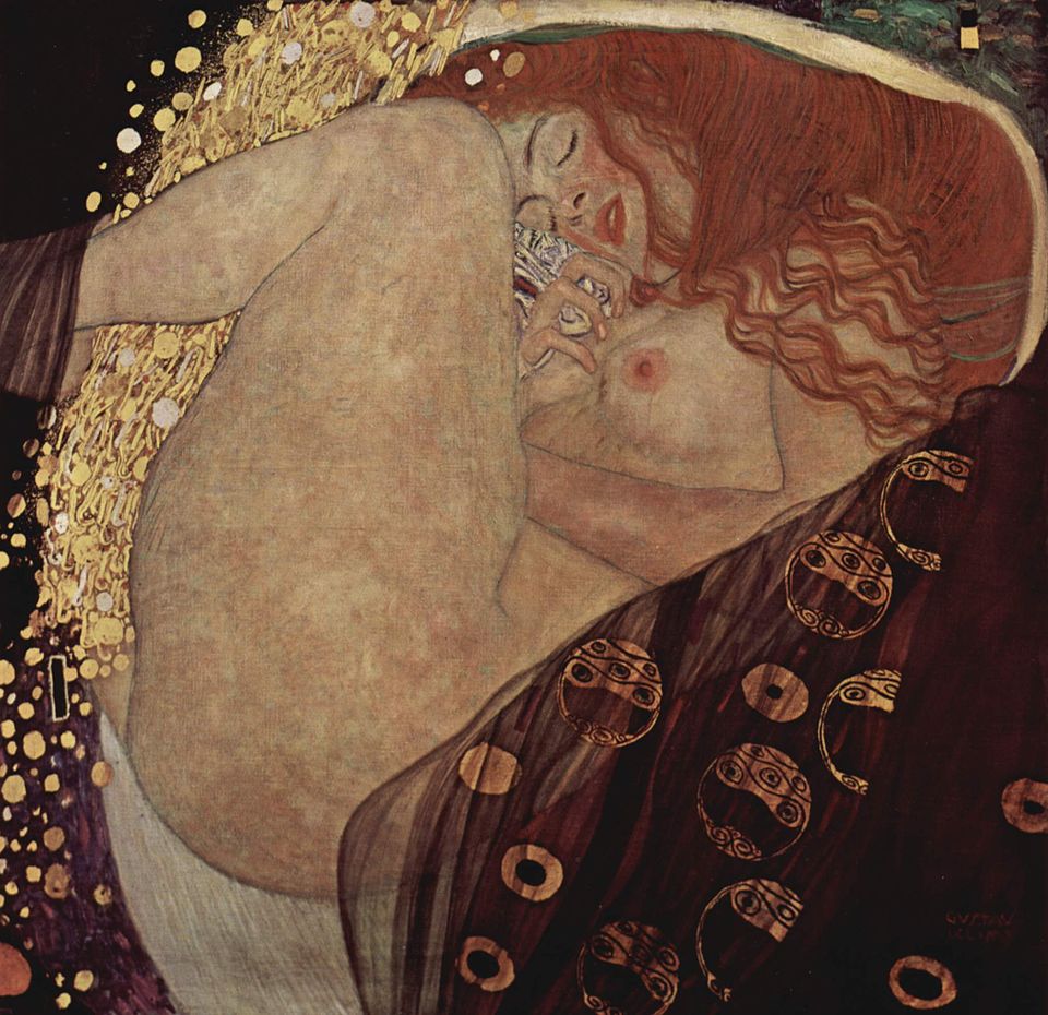 Golden Masterpieces: Discover the Top 10 Gustav Klimt Paintings 8 "Danaë" by Gustav Klimt, painted in 1907. Description: This painting depicts a famous moment from Greek mythology. Danaë is curled up in a luxurious, dream-like state as Zeus, the king of the gods, visits her as a shower of golden rain. It's a very intimate and sensual work, focusing on the moment of divine conception. Klimt uses swirling patterns and rich colors to create a feeling of intense, private ecstasy, making it one of his most daring and celebrated mythological works.. Interesting fact: The shower of gold coins flowing between her legs is one of the most direct and symbolic representations of divine union in art history.