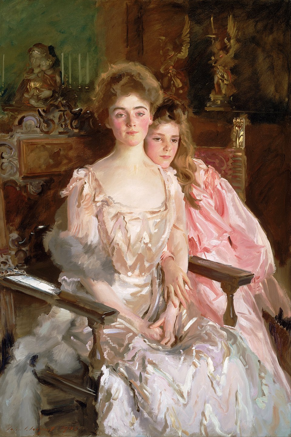 Master of Brushstrokes: The Top 10 John Singer Sargent Paintings Revealed 10 "Mrs. Fiske Warren (Gretchen Osgood) and Her Daughter Rachel" by john singer sargent, painted in 1903. Features: This portrait is a beautiful depiction of motherly love and high-society elegance. Note: The grand chair in which Mrs.