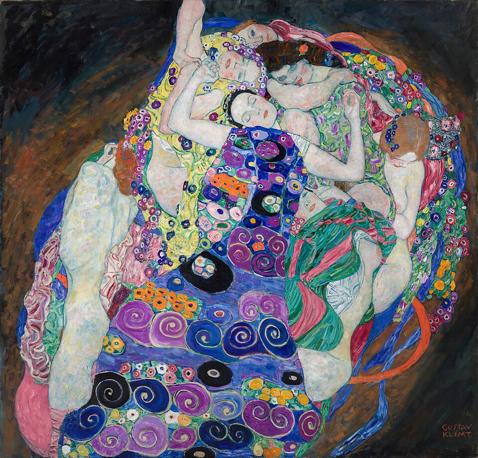 Golden Masterpieces: Discover the Top 10 Gustav Klimt Paintings 13 "The Virgin" by Gustav Klimt, painted in 1913. Description: Imagine a kaleidoscope of color and life, and you have The Virgin. This painting shows a pile of sleeping women, their bodies tangled together under a massive, colorful quilt. The central figure, 'the virgin,' is just awakening to life and love. The work is a vibrant celebration of the transition from girlhood to womanhood, filled with symbols of fertility and transformation.. Interesting fact: The circular arrangement of the figures and patterns creates a feeling of a blooming flower, symbolizing blossoming womanhood.