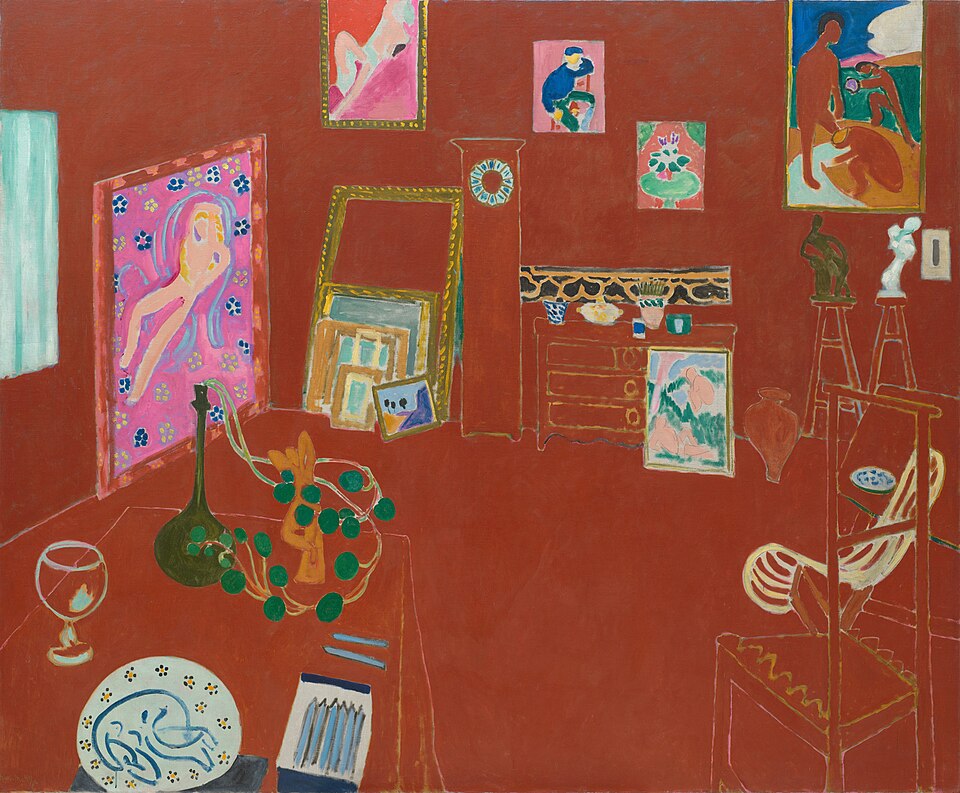 Color Unleashed: Discover the Top 10 Matisse Paintings That Changed Art Forever 4 "The Red Studio (L'Atelier Rouge)" by matisse, painted in 1911. Description: Step inside Matisse's own workspace! In 'The Red Studio,' the artist painted his studio, but with a twist: everything—the walls, the floor, the furniture—is washed in the same shade of deep red. His own paintings and sculptures are dotted around the room, outlined in white, like ghosts of his past creations. It's a painting about painting, giving us a peek into the artist's creative mind.. Interesting fact: Initially, the painting was not well-received and remained unsold for 16 years until it was purchased by a nightclub founder.