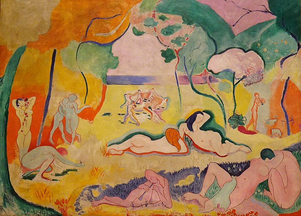 Color Unleashed: Discover the Top 10 Matisse Paintings That Changed Art Forever 6 "The Joy of Life (Le bonheur de vivre)" by matisse, painted in 1906. Description: This painting is like a dream of a perfect world. It depicts a beautiful landscape filled with nude figures dancing, playing music, and relaxing. The colors are magical—yellow skies, pink trees, and blue ground. It’s not a real place, but an imaginary paradise where everything is harmonious and joyful. The flowing lines and bright colors create a feeling of peace and celebration.. Interesting fact: The young Pablo Picasso was so challenged and inspired by this painting that it partly motivated him to create his own groundbreaking work, 'Les Demoiselles d'Avignon'.