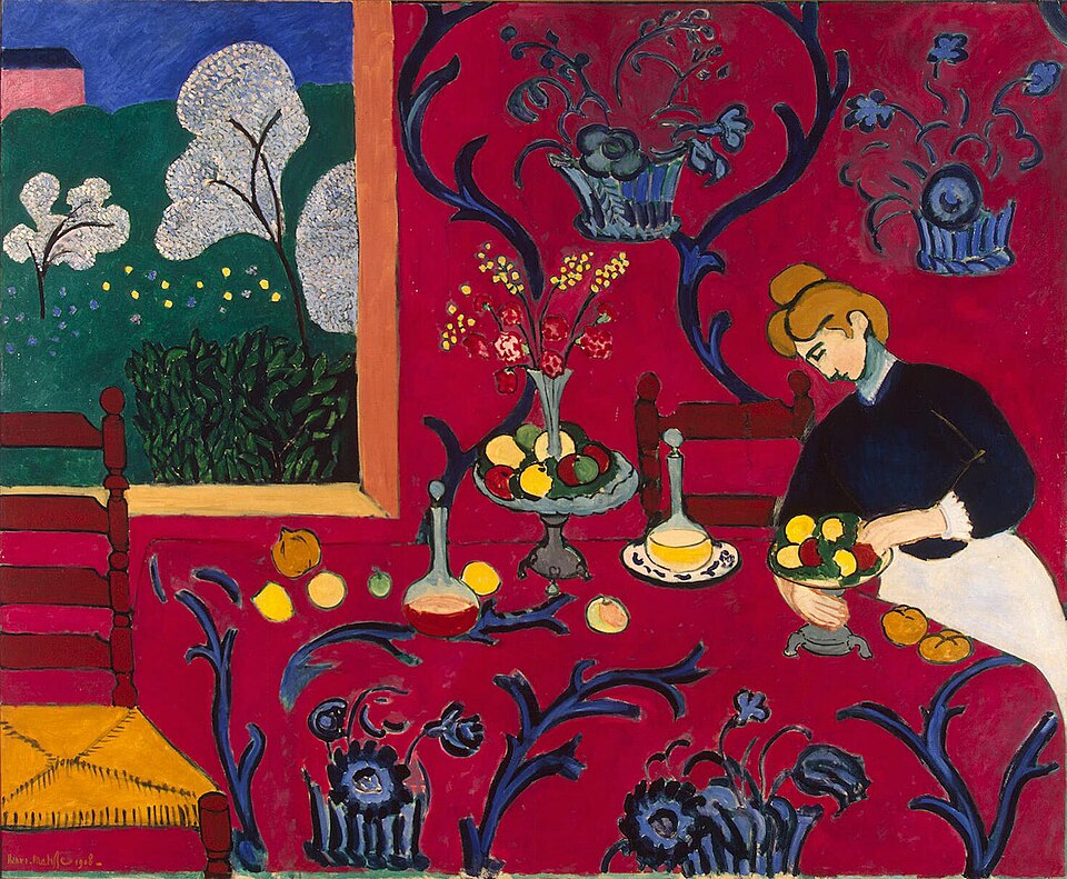 Color Unleashed: Discover the Top 10 Matisse Paintings That Changed Art Forever 8 "The Dessert: Harmony in Red (The Red Room)" by matisse, painted in 1908. Description: Imagine a room so intensely red that the tablecloth and the wall seem to merge into one. A woman arranges fruit on the table, and through a window, we see a simple green landscape. The painting plays with our sense of space; is the window really a window, or is it a painting on the wall? The bold patterns and overwhelming color create a decorative, dream-like atmosphere.. Interesting fact: Matisse originally painted the room blue, then green, before finally settling on the powerful red that makes the artwork so famous today.