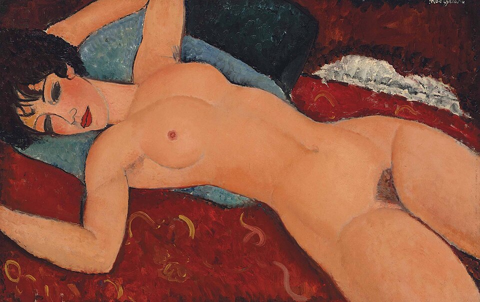 Top 10 Modigliani Paintings: Number 1 - A painting by Modigliani titled 'Nu Couché (Reclining Nude)', depicting This is perhaps Modigliani's most famous and controversial work. It shows a reclining nude woman, un…
