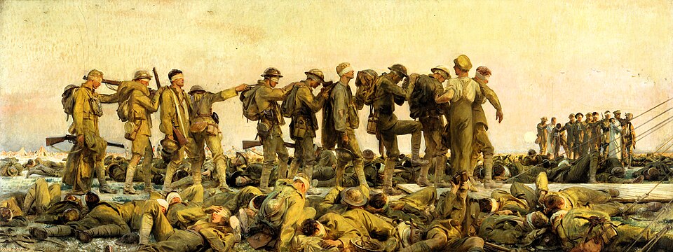 Master of Brushstrokes: The Top 10 John Singer Sargent Paintings Revealed 8 "Gassed" by john singer sargent, painted in 1919. Features: A powerful departure from his society portraits, this enormous painting depicts the horrific aftermath of a mustard gas attack during World War I. Note: The painting is massive, measuring over 7.5 feet tall and 20 feet long, designed to immerse the viewer in the scene..