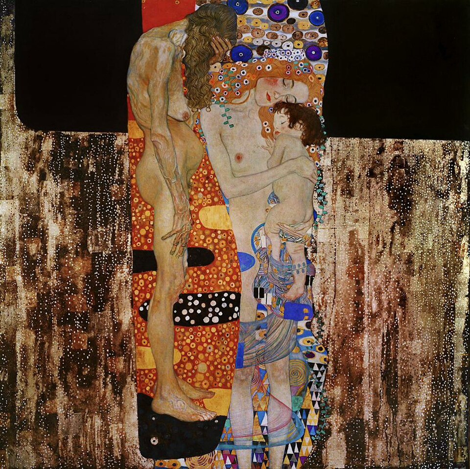 Golden Masterpieces: Discover the Top 10 Gustav Klimt Paintings 6 "The Three Ages of Woman" by Gustav Klimt, painted in 1905. Description: This powerful painting tells the story of life's journey in three stages: infancy, motherhood, and old age. A young mother lovingly holds her baby, both cocooned in a colorful, patterned wrap, symbolizing youth and vitality. Standing beside them is an elderly woman, her head bowed and face hidden, representing the harsh realities of aging and the passage of time. It's a beautiful yet honest look at the circle of life.. Interesting fact: Klimt won a gold medal for this painting at an international exhibition in Rome in 1911.