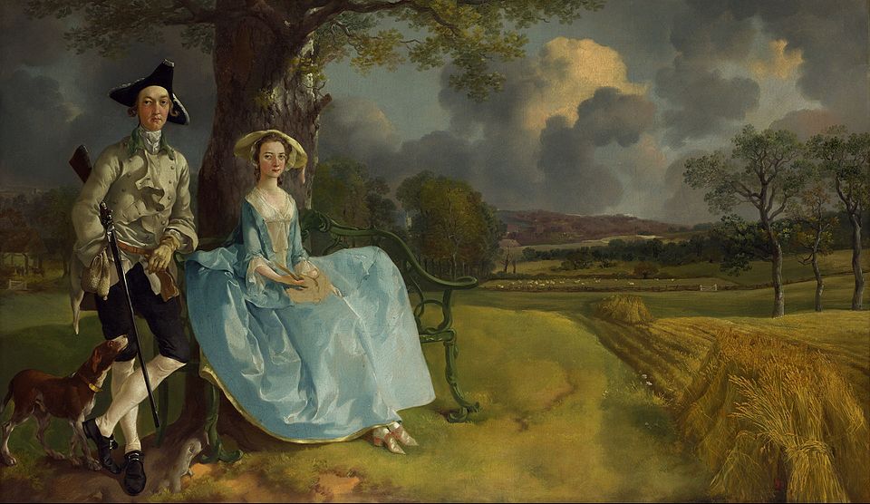 "Mr and Mrs Andrews" by Thomas Gainsborough, painted in c. 1750. Description: This painting is like an 18th-century Instagram post showing off a couple's new life. It features Robert and Frances Andrews, newly married, posing proudly on their vast estate. It's a unique blend of a portrait and a landscape, celebrating both the people and their land.. Interesting fact: There is a mysterious unfinished patch on Mrs. Andrews's lap, and no one knows for sure what Gainsborough originally intended to paint there—perhaps a baby, a book, or a hunting bird.