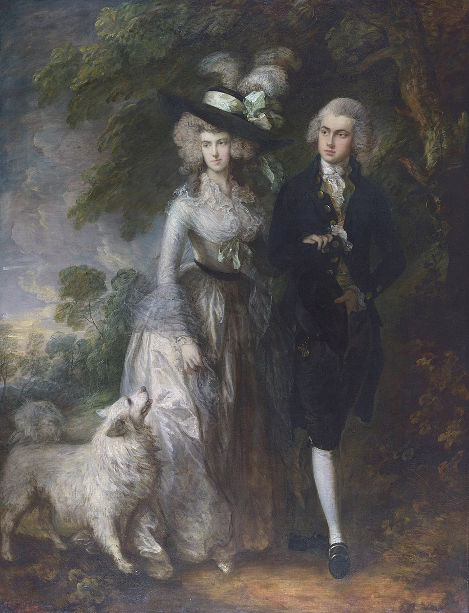"The Morning Walk" by Thomas Gainsborough, painted in 1785. Description: This portrait depicts William Hallett and his wife Elizabeth taking a fashionable stroll through a park with their fluffy dog. It's the epitome of 18th-century elegance and romance. The couple seems to glide effortlessly through the landscape, perfectly in sync.. Interesting fact: The full title of the painting is 'Portrait of William Hallett and His Wife Elizabeth, née Stephen, known as The Morning Walk'.