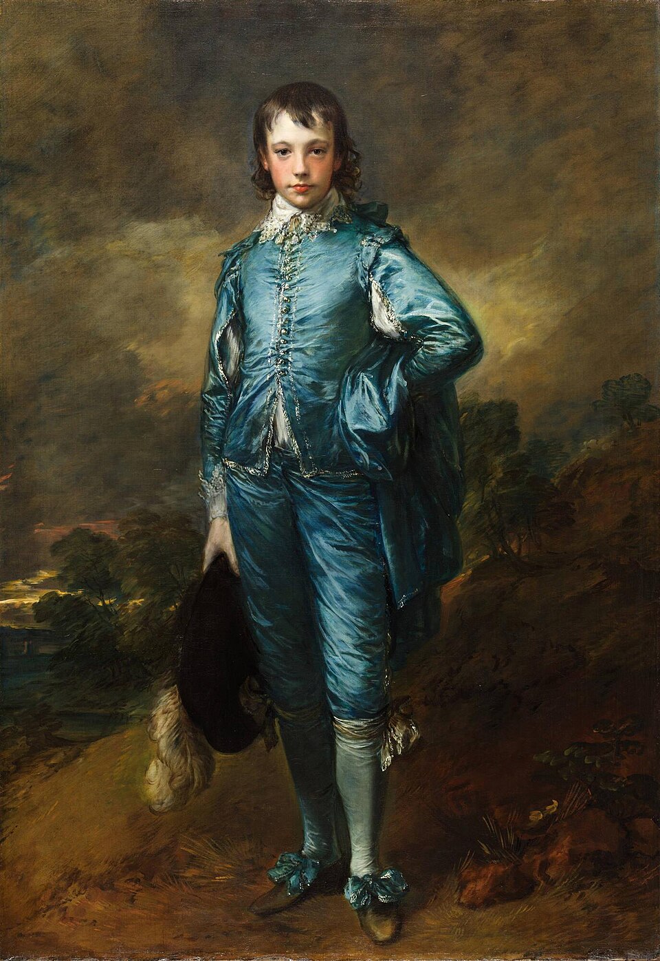 Thomas Gainsborough Paintings: "The Blue Boy" by Thomas Gainsborough, painted in c. 1770. Description: This is probably Gainsborough's most famous work! It shows a young man dressed in a fancy, shimmering blue satin suit. His confident pose and direct gaze make him seem incredibly alive. It wasn't a commissioned portrait of a specific person, but more of a costume study, allowing Gainsborough to show off his amazing skill.. Interesting fact: Many art historians believe 'The Blue Boy' was painted as a creative response to his rival, Sir Joshua Reynolds, who had claimed that blue should not be the main color in a painting.