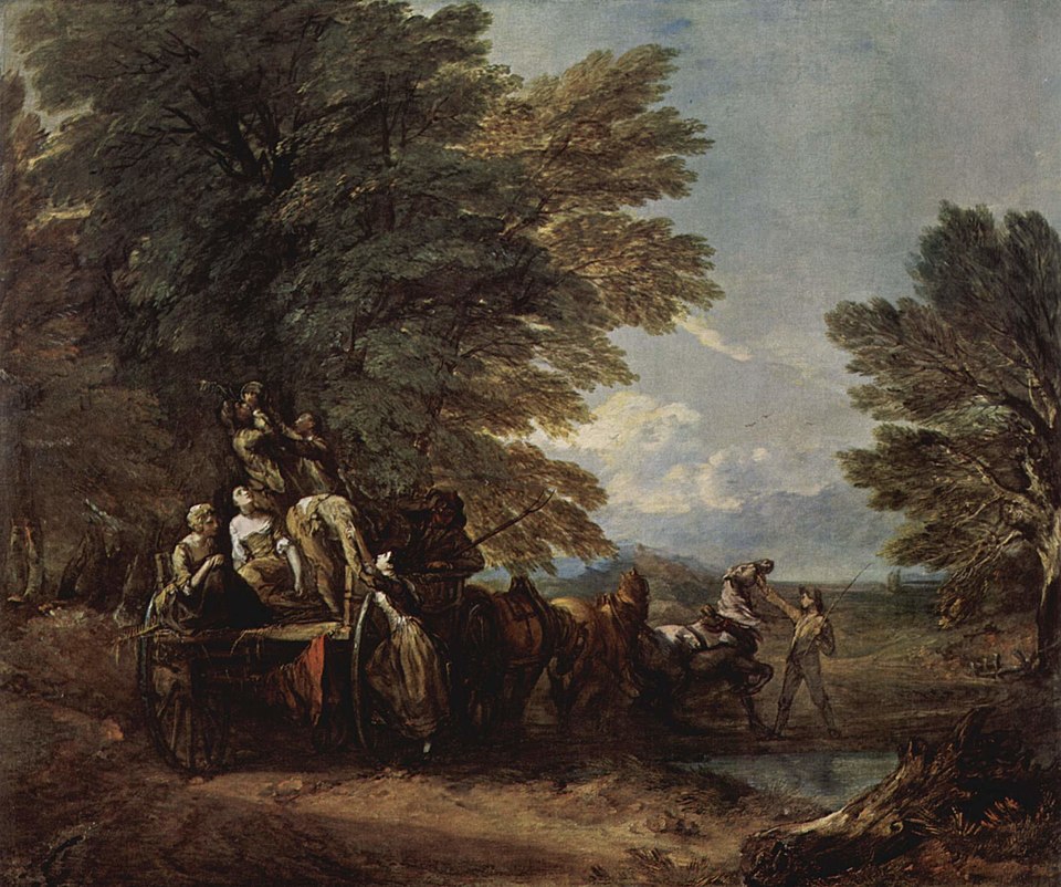 "The Harvest Wagon" by Thomas Gainsborough, painted in 1784. Description: While famous for portraits, Gainsborough loved painting landscapes. This piece shows a group of cheerful farm workers riding in a wagon filled with the day's harvest. It’s a lively scene that celebrates the simple beauty of country life.. Interesting fact: Gainsborough painted two famous versions of 'The Harvest Wagon'; this later one from 1784 is considered more dynamic and complex than the earlier one from 1767.