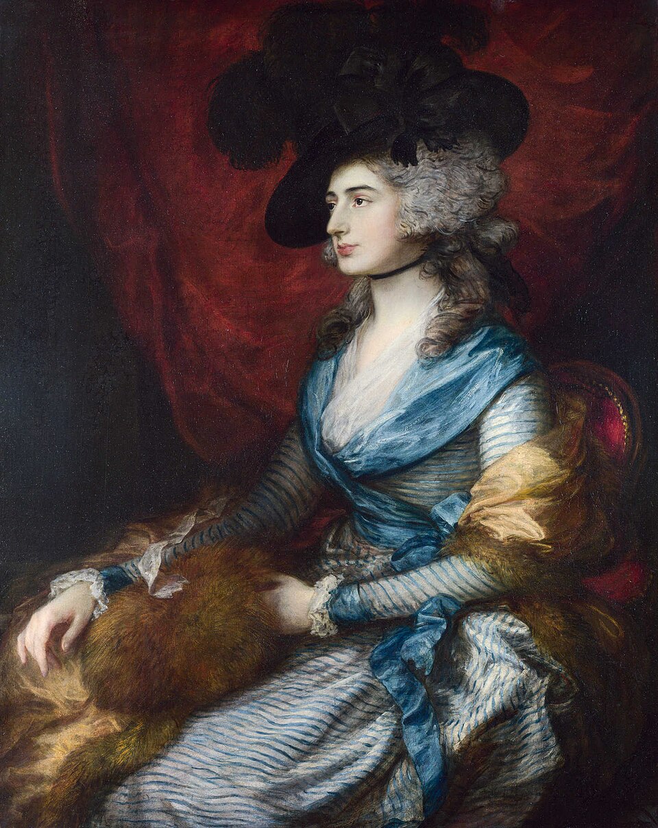 "Portrait of Mrs. Sarah Siddons" by Thomas Gainsborough, painted in 1785. Description: Sarah Siddons was the most famous tragic actress of her time, and Gainsborough portrays her as a powerful and commanding figure. Seated and dressed in a striped silk gown with a large black hat, she looks directly at the viewer with intelligence and confidence.. Interesting fact: Legend has it that while painting her nose, Gainsborough became so frustrated that he exclaimed, 'Confound the nose, there's no end to it!'