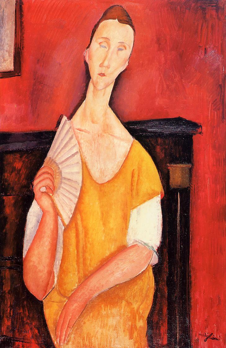 A painting by Modigliani titled 'Woman with a Fan (Lunia Czechowska)', depicting Lunia Czechowska was a close friend of Modigliani and his dealer. In this elegant portrait, she appe…