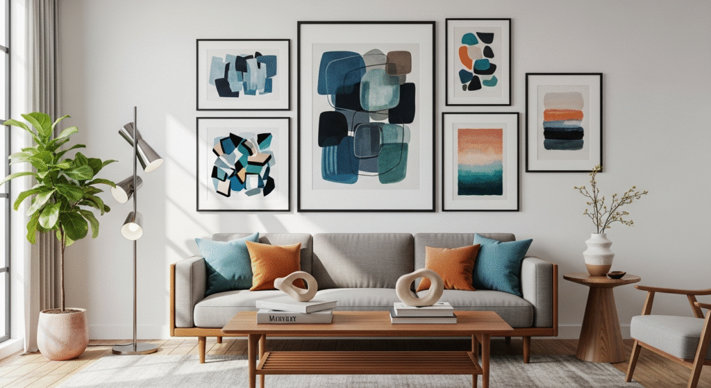 Modern living room featuring curated collection of framed abstract limited edition prints on gallery wall with cohesive color palette and proper lighting
