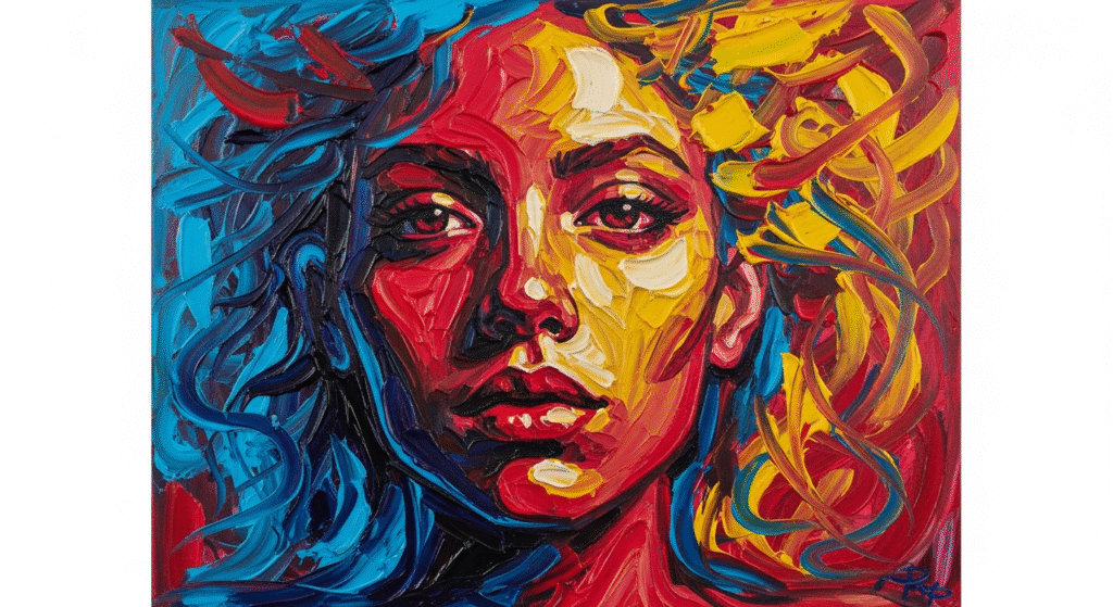 Abstract Portrait Painting: Vibrant  using bold reds and blues to express emotional identity