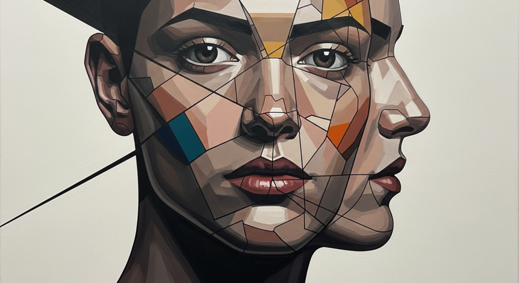 Cubist-influenced abstract portrait showing fragmented facial planes in geometric shapes