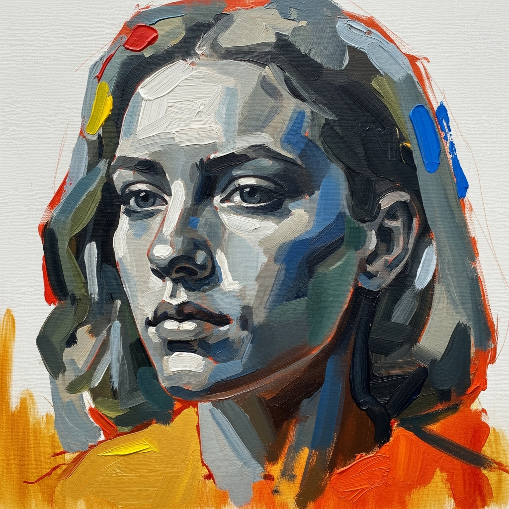 Abstract portrait in progress showing multiple layers and colors building depth