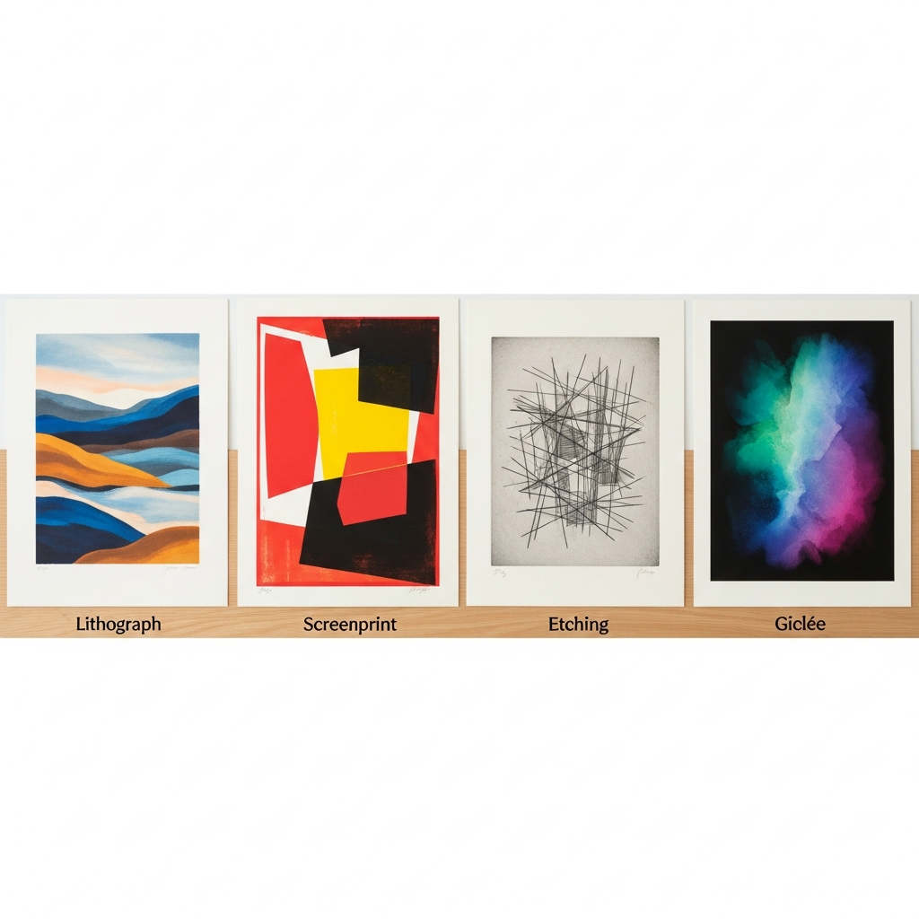 Four abstract art prints displayed showing distinct characteristics of lithography, screenprinting, etching, and giclée printing methods