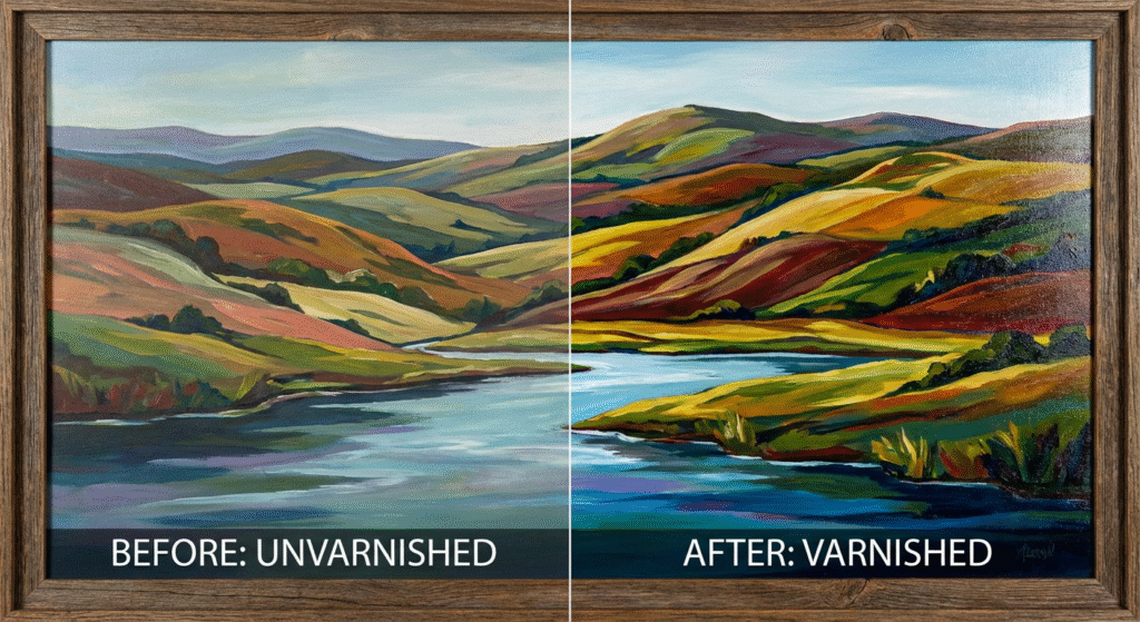 Before and after comparison showing enhanced colors and unified finish from varnishing acrylic painting