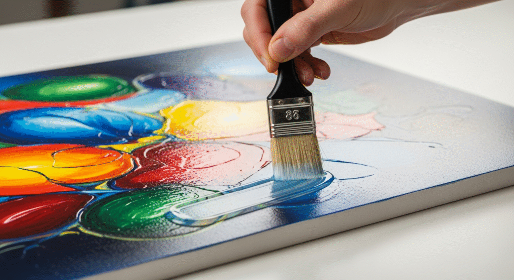 Artist carefully applying varnish to finished acrylic painting with professional brush