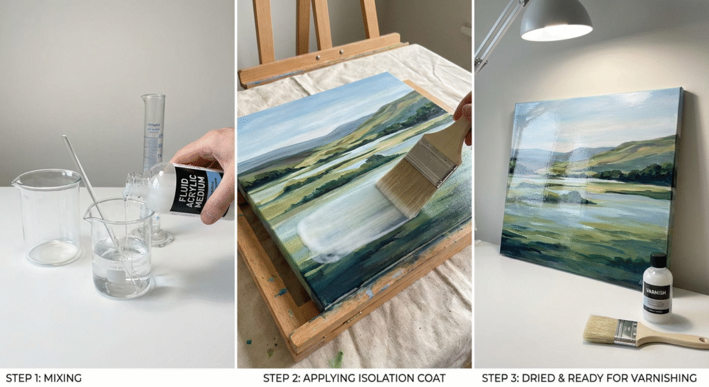 Demonstration of applying isolation coat to acrylic painting before varnishing