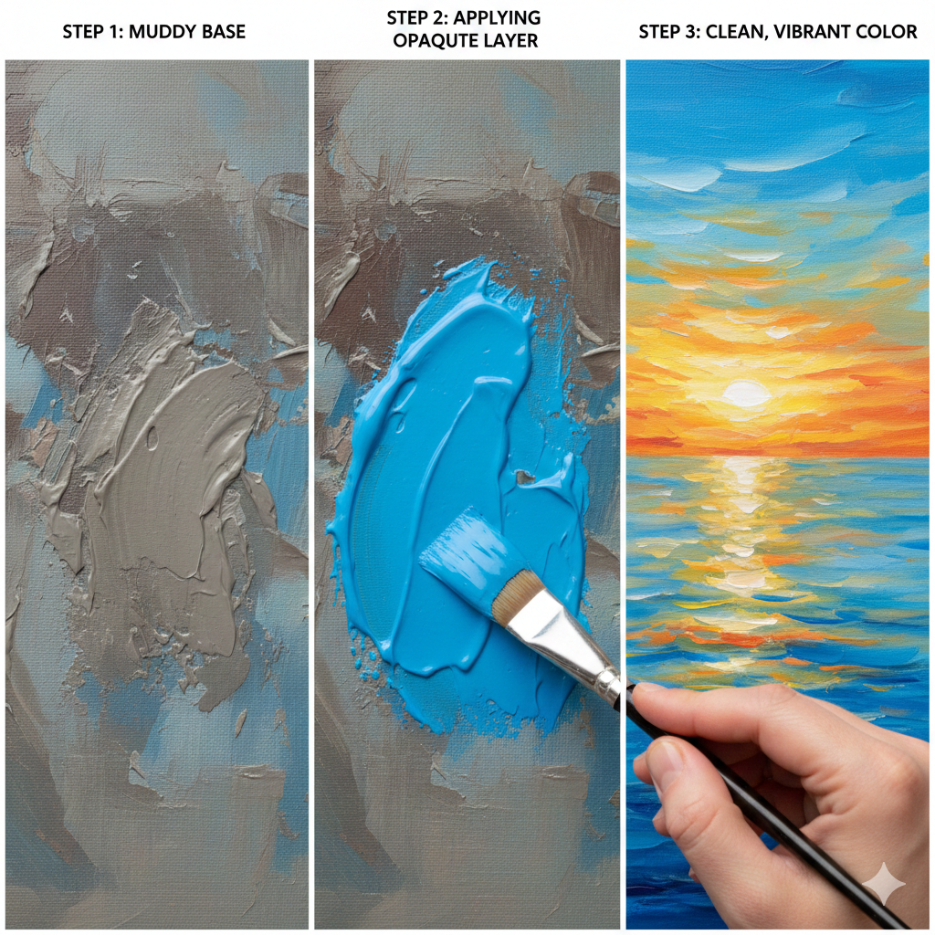 From Disaster to Masterpiece: How to Rescue a Painting You Think You've Ruined 7 Three-panel instructional image showing the Acrylic Cover-Up Method: 1) Muddy painting, 2) Hand applying opaque white/color, 3) Area now clean and vibrant.