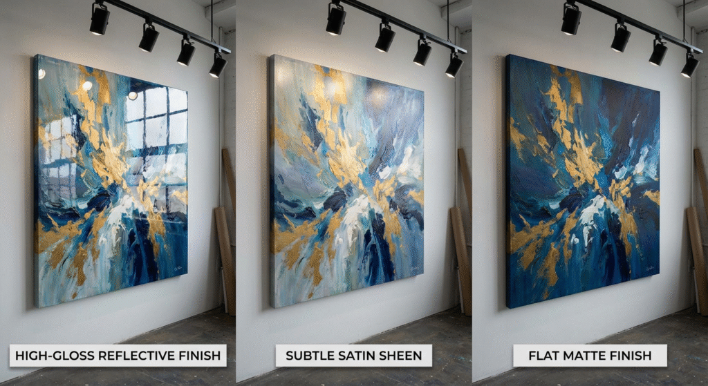 Comparison of gloss, satin, and matte varnish finishes on acrylic paintings