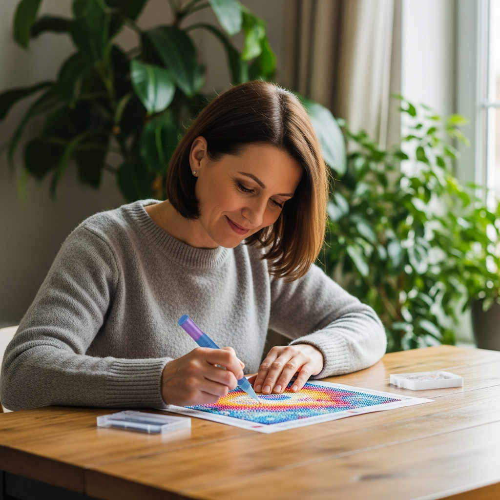 Diamond Painting for Adults: The Ultimate Guide to This Relaxing Creative Hobby 4 Relaxed adult woman enjoying diamond painting hobby at home craft table with peaceful focused expression