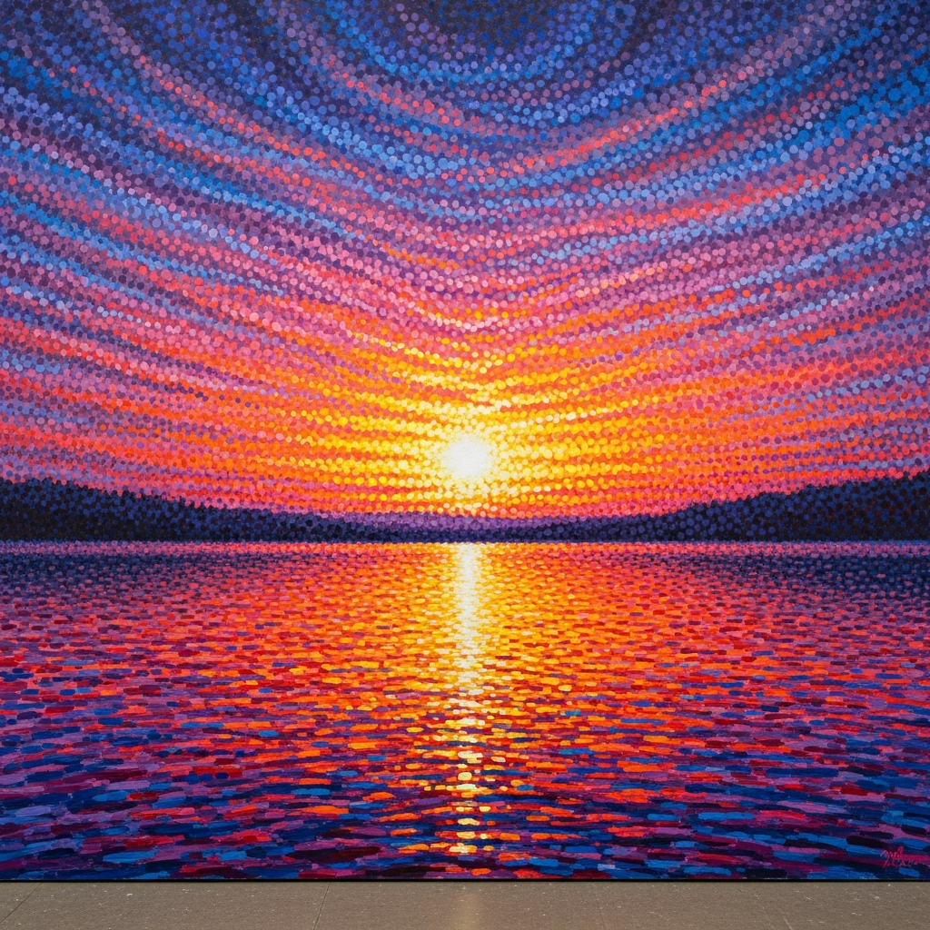 advanced pointillism painting of a serene lake at sunset