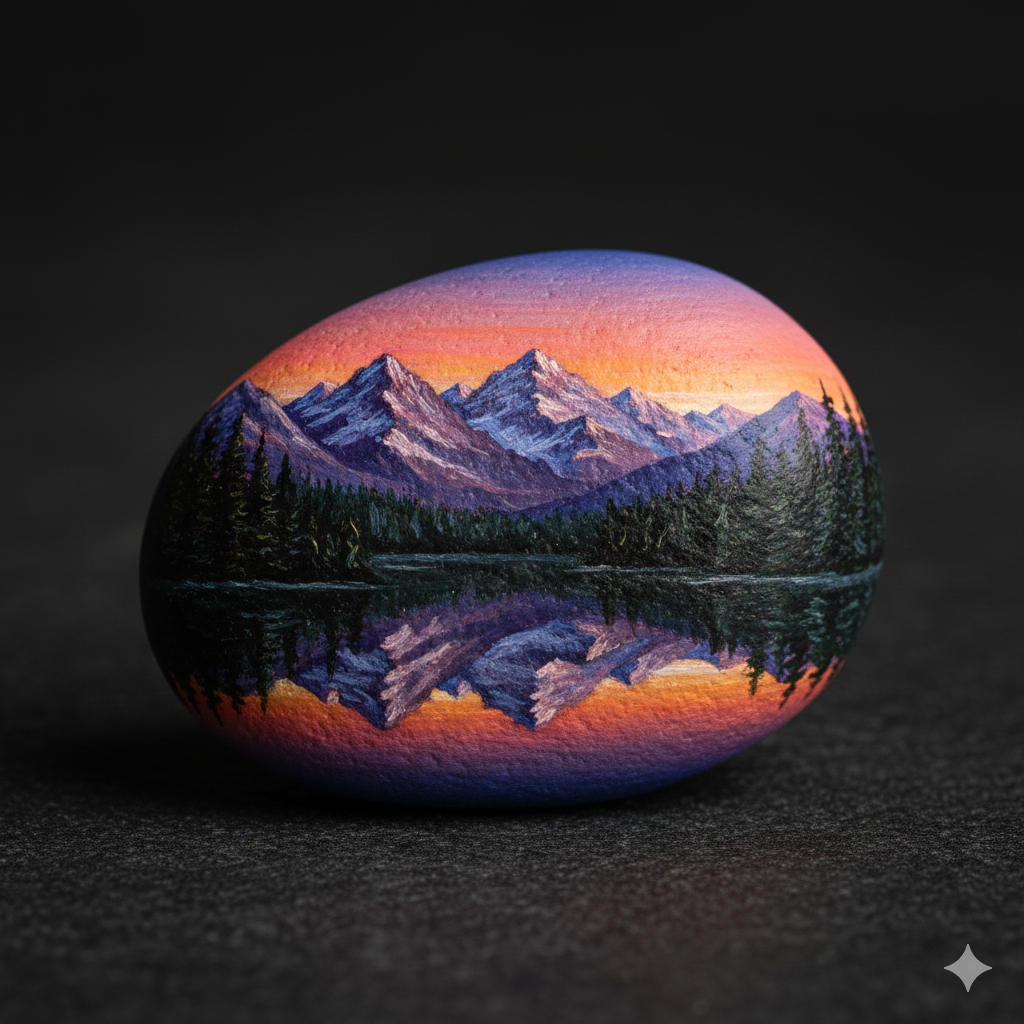 50+ Amazing Rock Painting Ideas: Easy Designs for All Ages & Skill Levels 7 Painted rock featuring detailed mountain landscape with sunset sky, trees, and lake reflection