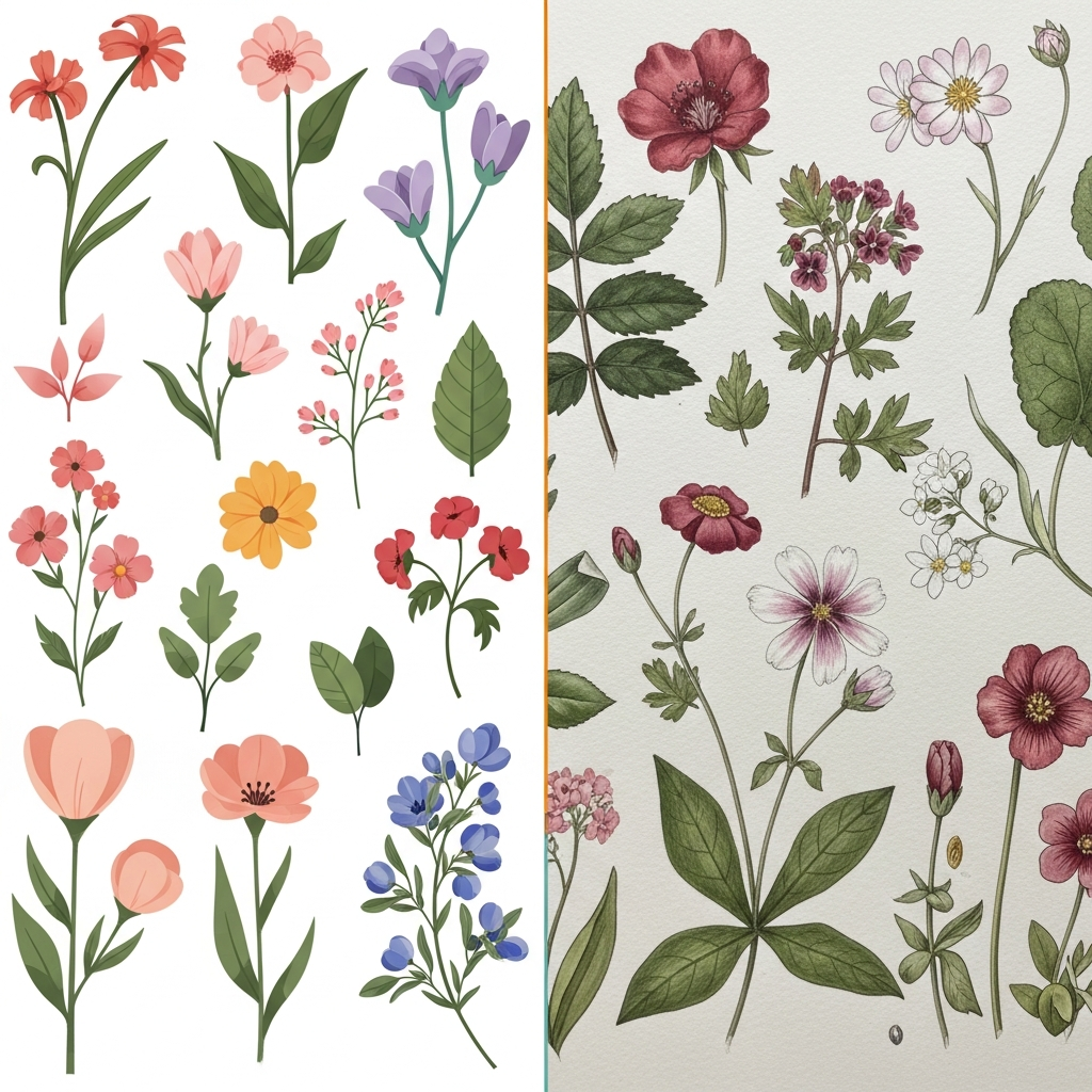 The Digital Bloom: Floral Clip Art Guide for Designers 7 AI-generated floral clip art versus traditional botanical painting.