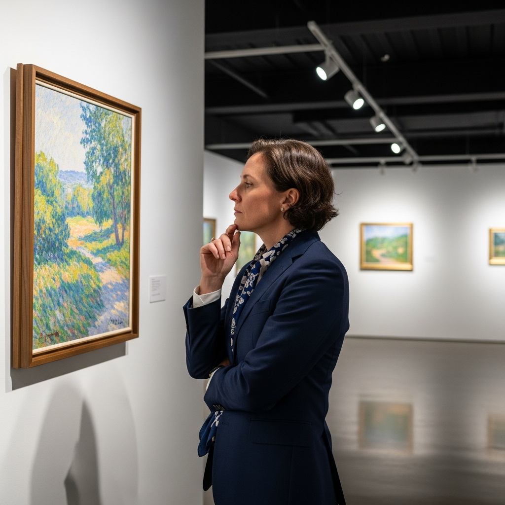 Art collector carefully examining impressionist painting in modern gallery setting