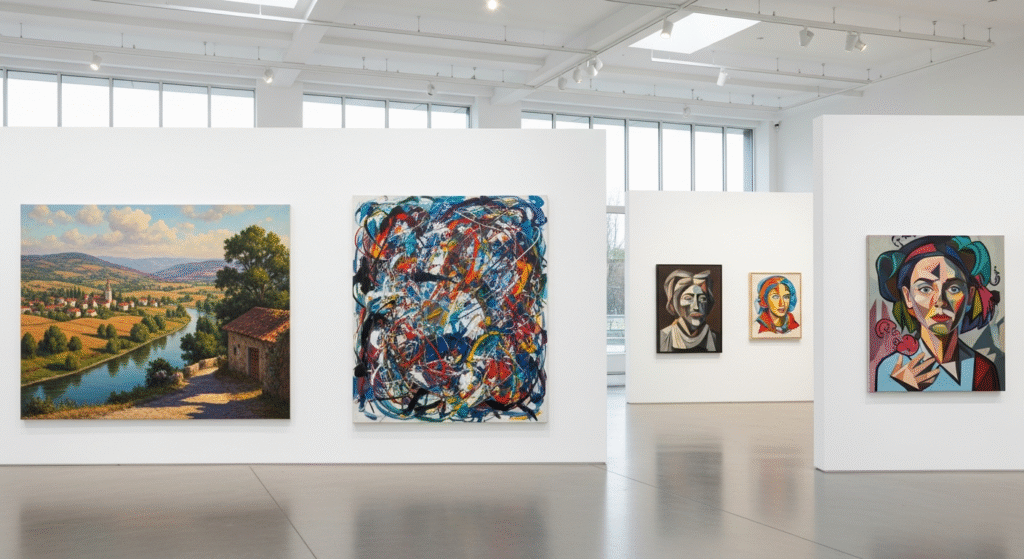 Art Styles vs Art Movements: Modern art gallery showing diverse painting styles and movements