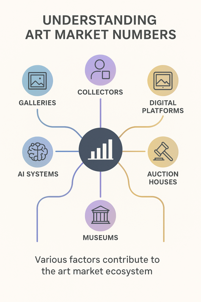 Who Really Controls the Art World? The Art Power Index Explained 8 Network diagram showing interconnected nodes representing galleries, collectors, digital platforms, and AI systems in the future art market