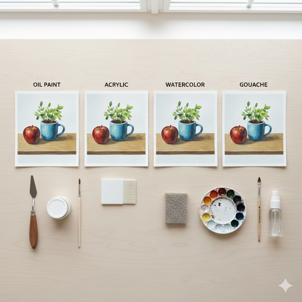 From Disaster to Masterpiece: How to Rescue a Painting You Think You've Ruined 9 Flat lay showing four identical still-life paintings (oil, acrylic, watercolor, gouache), each paired with the best correction tools for its specific medium.