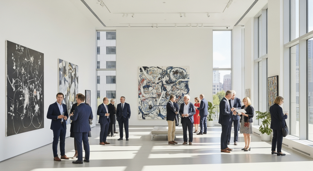 Who Really Controls the Art World? The Art Power Index Explained 3 The Art Power Index Explained: Contemporary art gallery interior showing diverse collectors and dealers examining paintings, representing the distribution of power in the modern art world