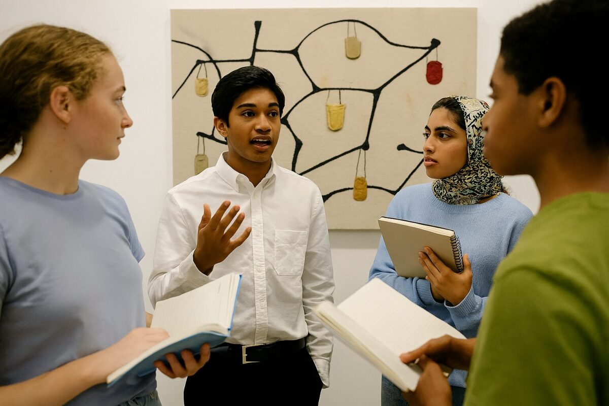 Art students engaged in discussion analyzing conceptual artwork in gallery setting with notebooks and thoughtful expressions