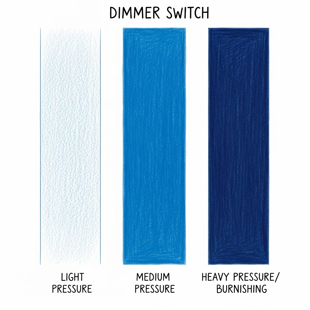 Guide to Colouring Books: Tips, Techniques & Creative Uses 7 Diagram illustrating pencil pressure: three columns labeled Light, Medium, and Heavy, showing how increasing pressure creates transparent to saturated colour.