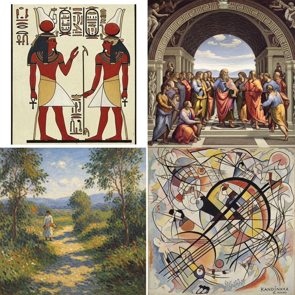 Comparison showing ancient Egyptian art, Renaissance painting, impressionist work, and modern abstract piece