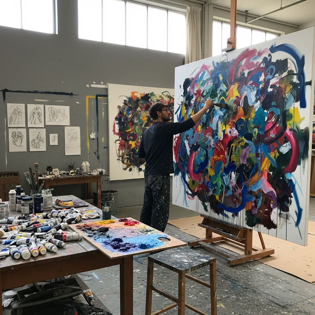 Decoding Abstract Art: What Makes a Good Abstract Painting Truly Great? 7 Contemporary artist applying paint to large abstract canvas in studio