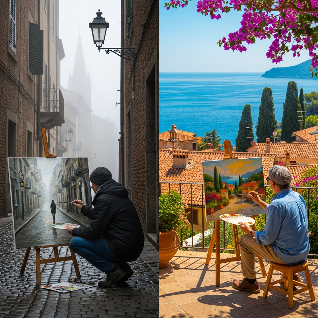 Split image showing artist painting in different locations with contrasting environments and resulting color palettes