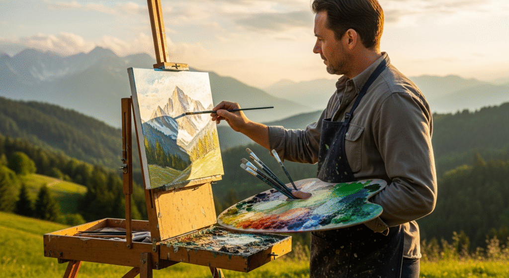 Artist painting outdoors on location capturing natural landscape with easel and palette in golden hour light 