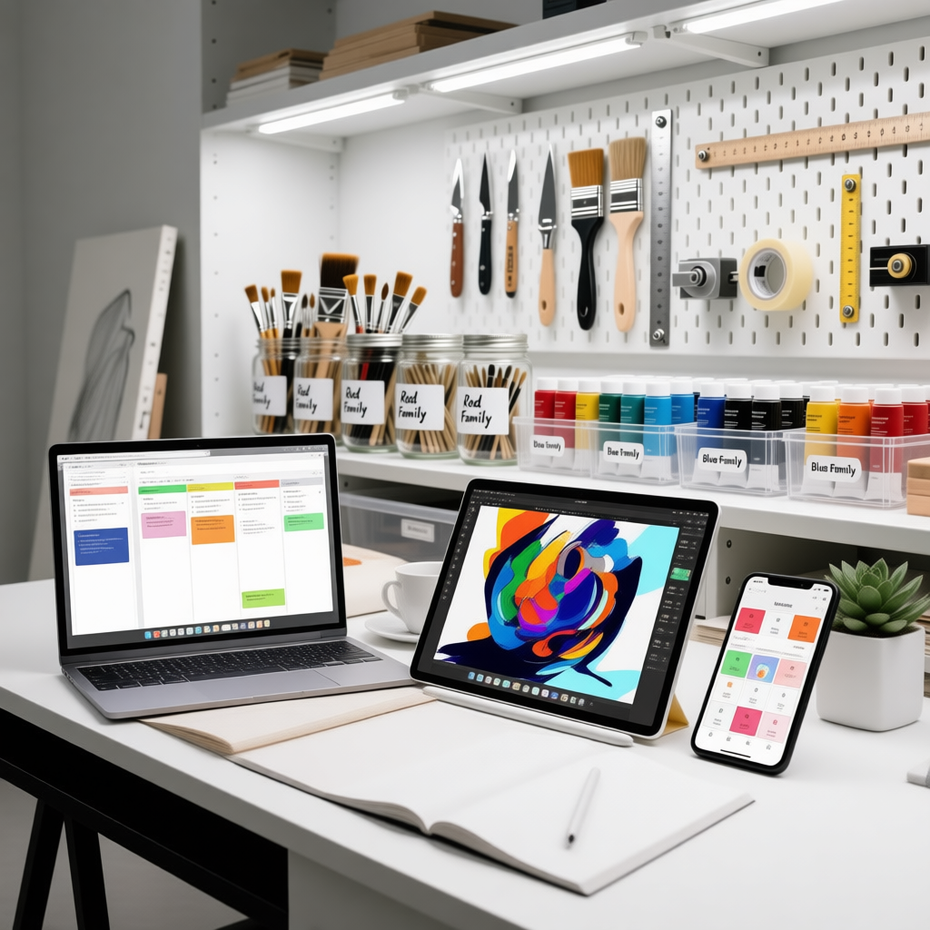 The Ultimate Guide to Productivity for Artists: How to Master Your Workflow and Beat Burnout 7 Artist's digital workspace displaying project management apps, digital painting software, and organization tools on multiple devices