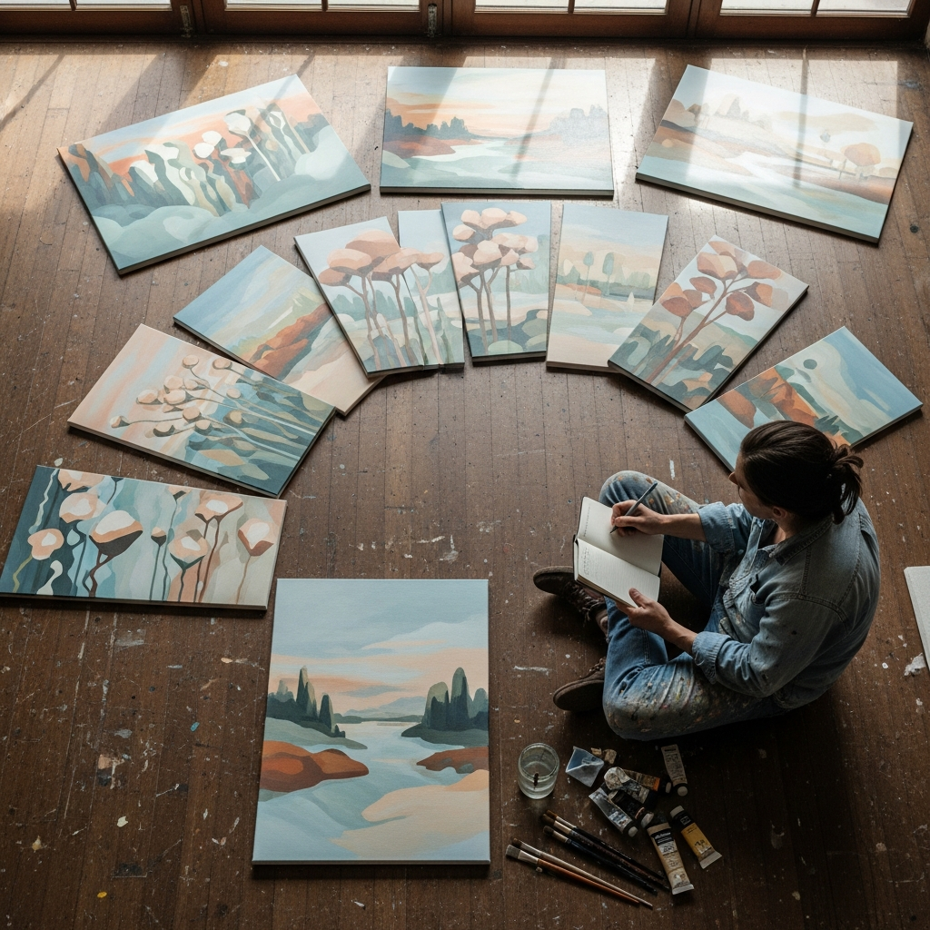 Artist examining multiple paintings spread on studio floor to identify style patterns