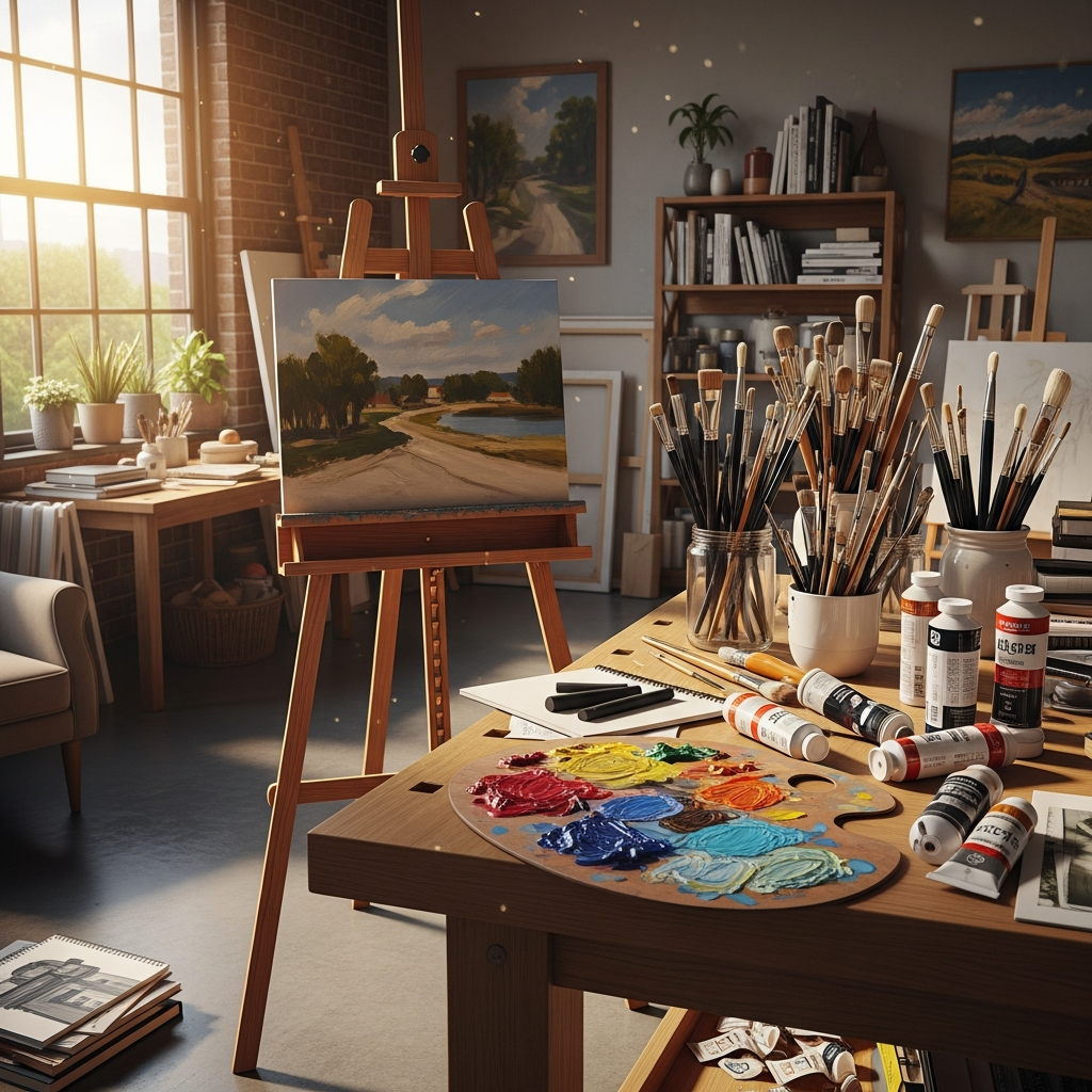 Artist's workspace showing easel, paint brushes, palette and canvas with painting in progress 